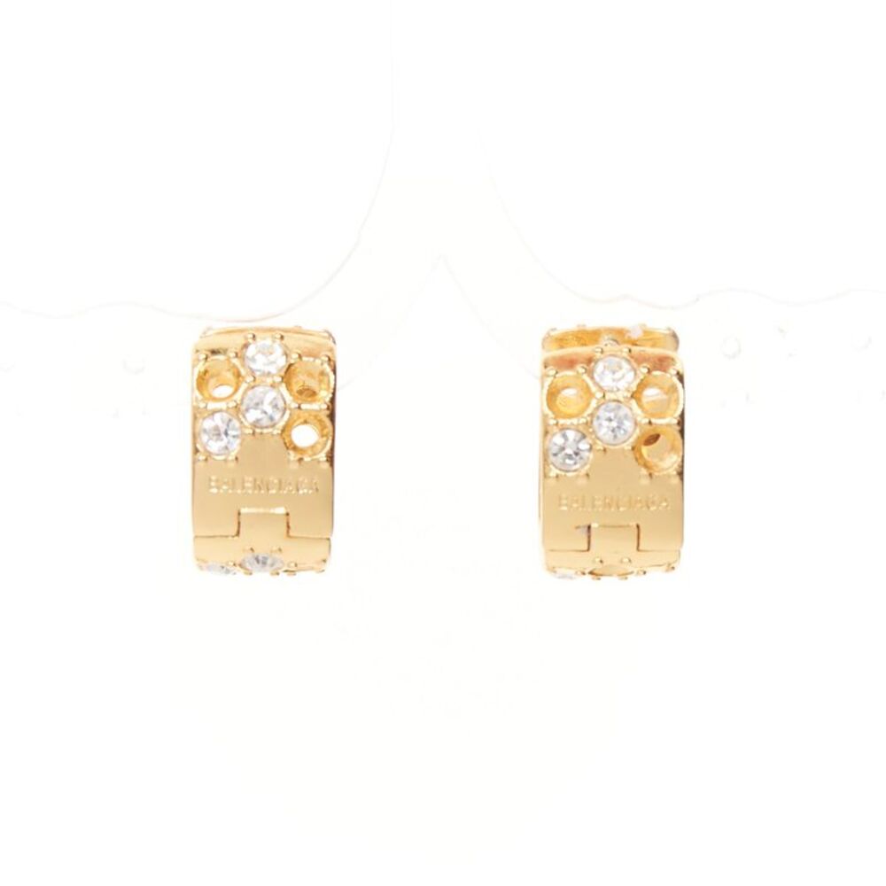Balenciaga gold tone logo crystals hoop earrings